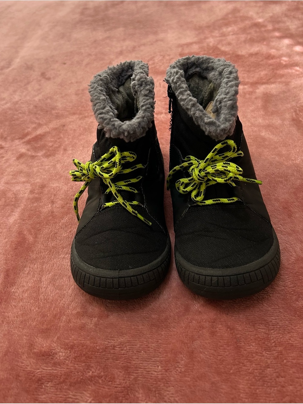Kids Black Winter Boots with Gray Faux Fur Collar and Neon Yellow Laces